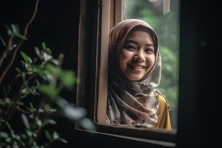Portrait of beautiful young Asian muslim woman looking through the windowの素材
