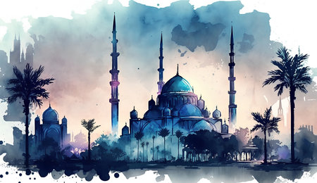 Mosque on the background of the watercolor texture. Vector illustrationの素材