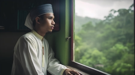 Young muslim man looking out the window in a mosque in Malaysiaの素材