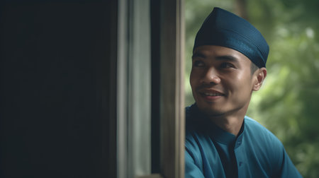 Portrait of young Asian muslim man smiling and looking through the window.の素材