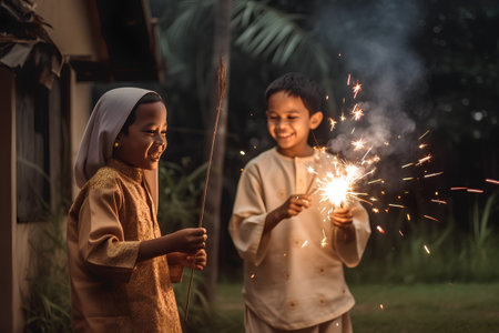 Cute little boy and girl holding sparklers in their hands.の素材