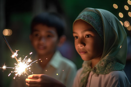 Muslim girl and boy with sparklers at night in Bali, Indonesiaの素材