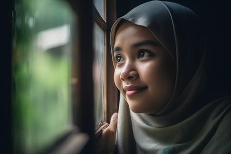 Portrait of a beautiful young muslim woman looking through the windowの素材