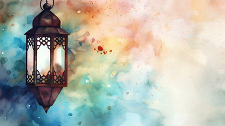 Arabic lantern on watercolor background. Ramadan Kareem greeting cardの素材
