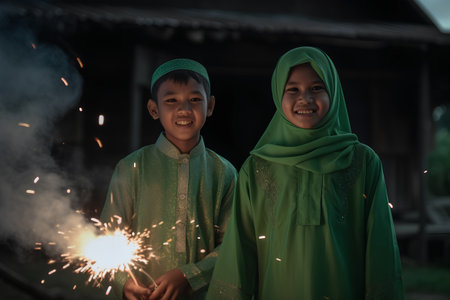 Muslim kids with sparklers at a temple in Bali, Indonesiaの素材