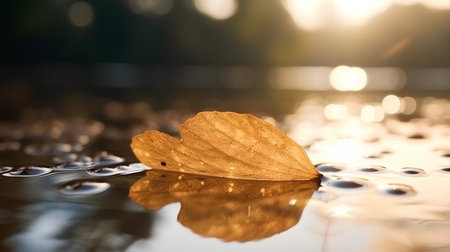 Autumn leaf on a wet surface of water with bokeh backgroundの素材