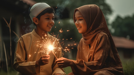 Muslim boy and girl with sparklers sitting in the grass at sunsetの素材