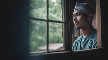 Portrait of a young Muslim man looking through the window at homeの素材