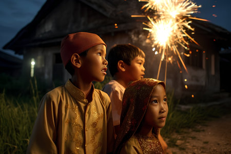 Little boy and girl in traditional costume with sparklers at night.の素材