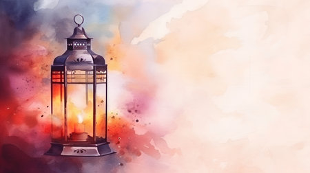 Watercolor illustration of a Ramadan Kareem lantern on watercolor backgroundの素材
