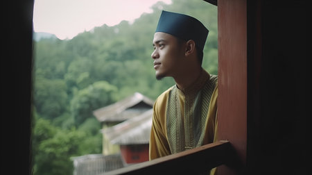 Korean man in traditional clothes standing in front of a wooden doorの素材