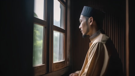Portrait of a young muslim man looking out the window.の素材