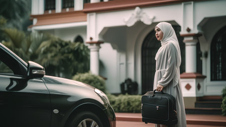 Hijab woman with suitcase and car in the city. Travel concept.の素材