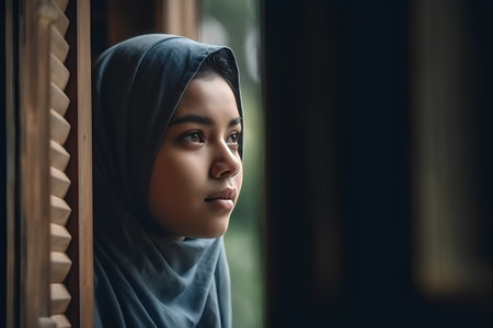 Portrait of a beautiful muslim woman looking away from the windowの素材