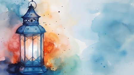 Watercolor illustration of a lantern on a blue watercolor background.の素材