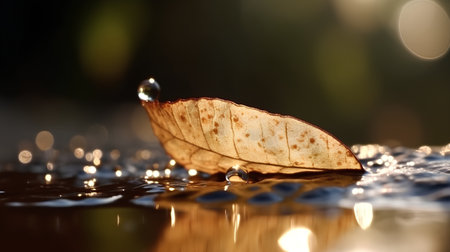 Dry leaf with water drops on the wet surface of the waterの素材
