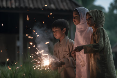 Asian muslim family holding sparklers in the rice field at nightの素材