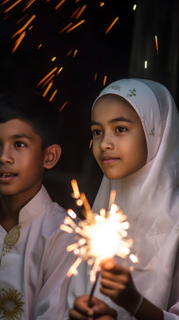 Muslim boy and girl holding sparklers in the dark, selective focusの素材
