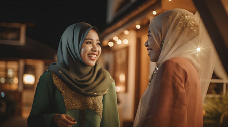Beautiful asian muslim woman wearing hijab with her friend at nightの素材