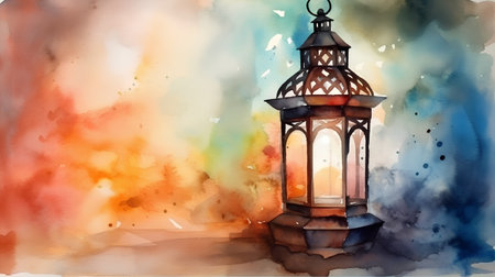 Watercolor illustration of a lantern on a watercolor background. Ramadan Kareemの素材
