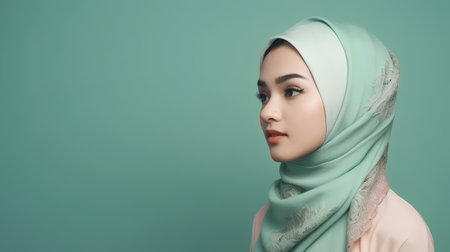 Portrait of beautiful asian muslim woman with green hijab.の素材
