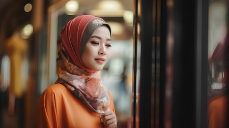 Portrait of beautiful young muslim woman wearing hijab in shopping mallの素材