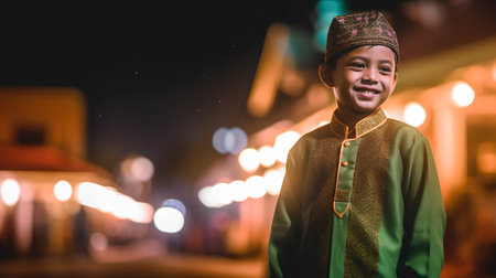 Portrait of a young asian muslim man wearing traditional clothes at nightの素材