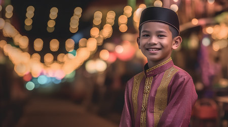 Portrait of asian muslim man in traditional costume at nightの素材