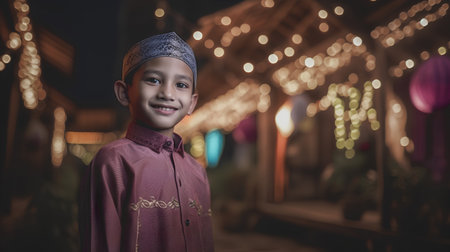 Muslim boy in traditional costume during Ramadan Kareem celebration at night.の素材