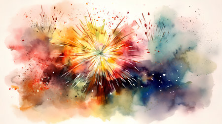 Watercolor colorful fireworks on a white background. Hand drawn illustration.の素材