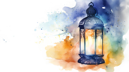 Watercolor illustration of a Ramadan Kareem lantern on a watercolor backgroundの素材