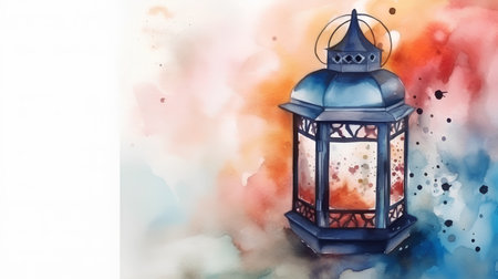 Hand drawn watercolor illustration of an old lantern on a watercolor backgroundの素材