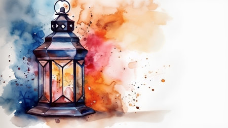 Watercolor illustration of an old vintage lantern on a grunge backgroundの素材