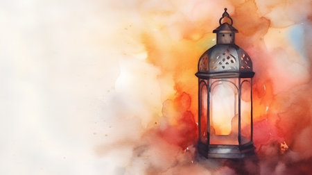 Watercolor illustration of a Ramadan Kareem lantern on watercolor backgroundの素材