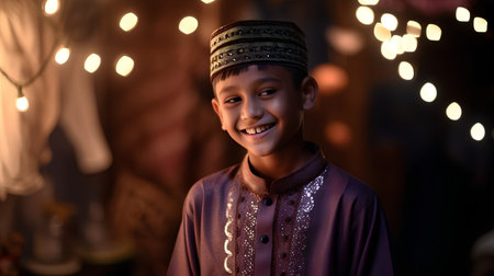 Portrait of a young muslim boy in traditional clothes at nightの素材