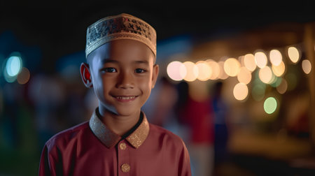 Muslim boy in traditional costume at night in Bali, Indonesia.の素材