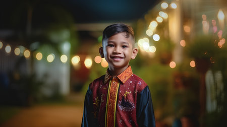 Portrait of a cute asian boy in traditional costume at nightの素材