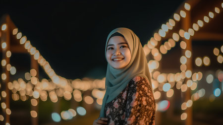 Hijab woman in the night with light bokeh.の素材