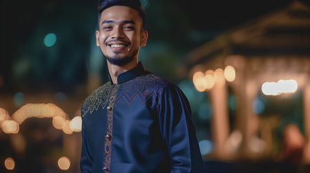 Portrait of a handsome asian man in traditional costume at nightの素材