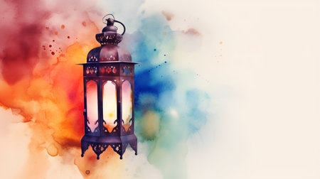 Watercolor illustration of Ramadan Kareem lantern on abstract watercolor backgroundの素材