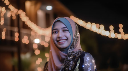 Portrait of a beautiful muslim woman with traditional dress at nightの素材