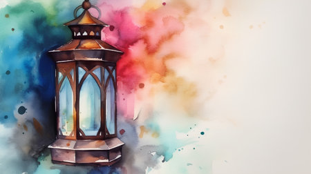 Watercolor illustration of a lantern on a colorful watercolor background.の素材