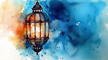 Watercolor illustration of a Ramadan Kareem lantern on watercolor backgroundの素材