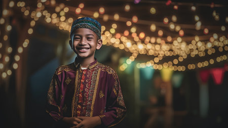 Muslim boy wearing traditional costume in front of bokeh lights.の素材