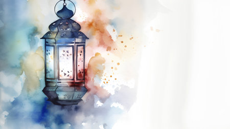 Watercolor illustration of a Ramadan Kareem lantern with watercolor backgroundの素材