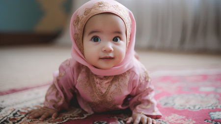 Portrait of cute Asian muslim baby girl in pink dress indoor.の素材