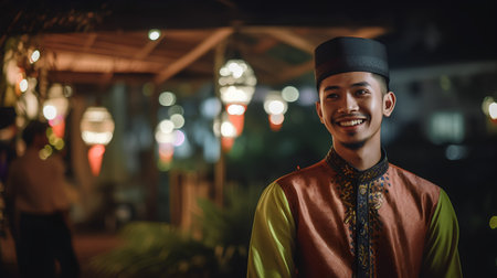 Portrait of a young asian muslim man wearing traditional costumeの素材