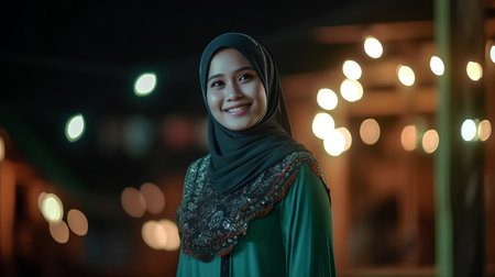 Portrait of a beautiful muslim woman with green hijab at nightの素材