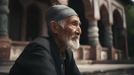 Portrait of an old man at the Humayun Tomb in Delhi, Indiaの素材