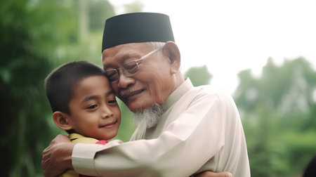 Muslim boy with his grandchild during Eid Al Fitr celebration.の素材